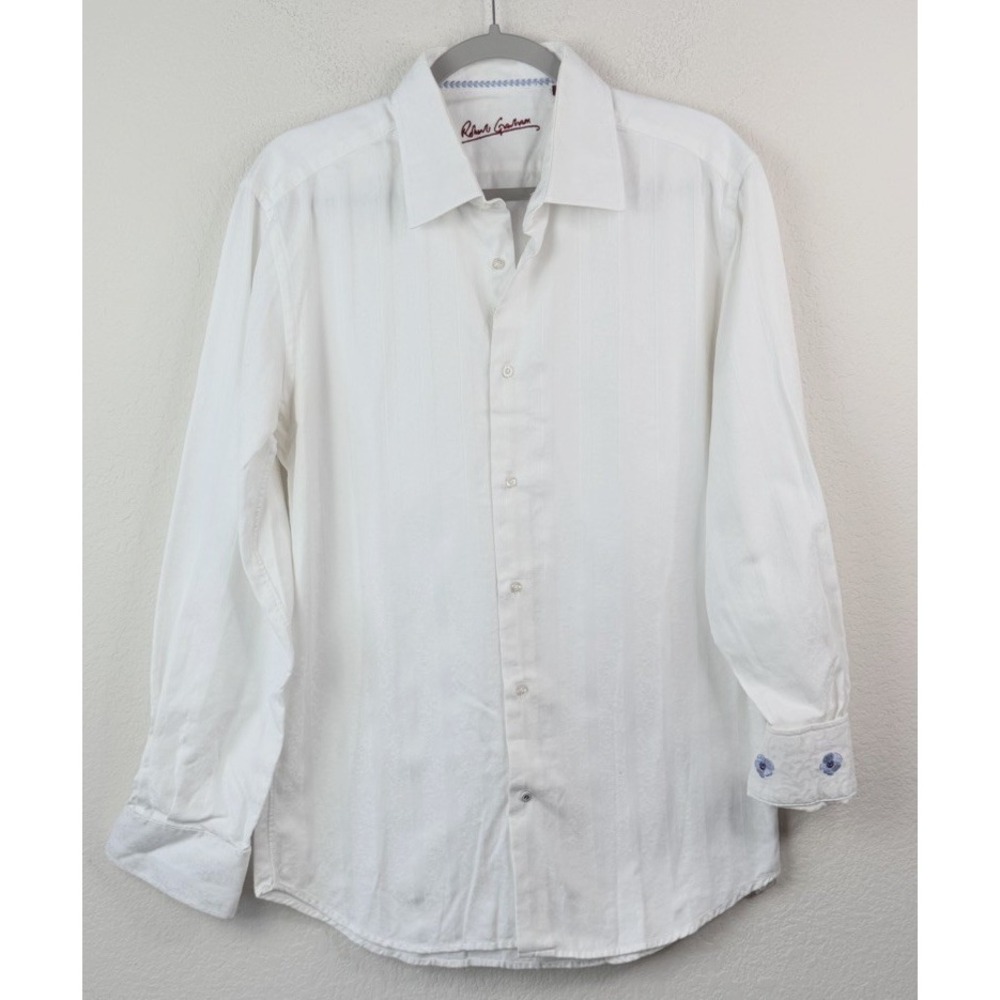 Robert Graham Jacquard Button Up Shirt Sz L Embroidered Cuffs White Quiet Luxury